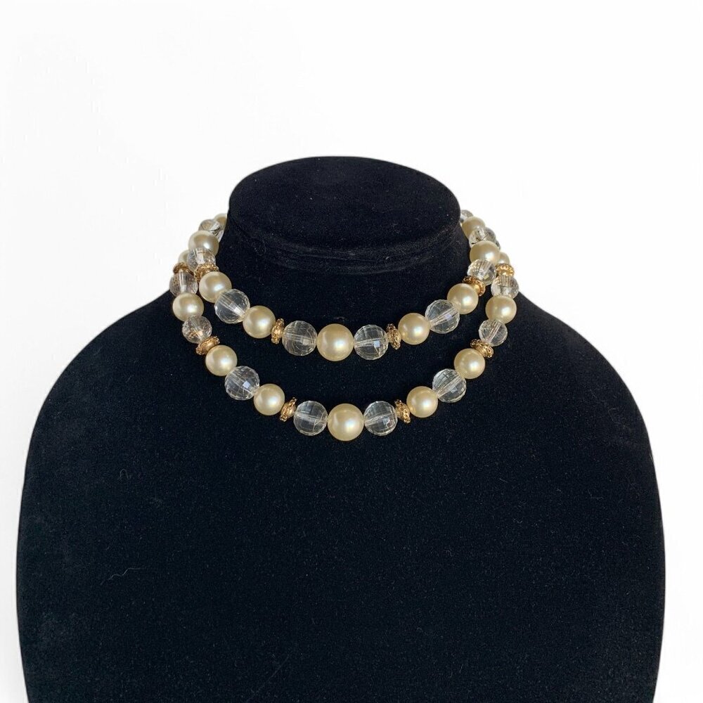 Vintage Marvella 1950's Double-Strand Faux Pearl Crystal Bead Necklace Bow Clasp